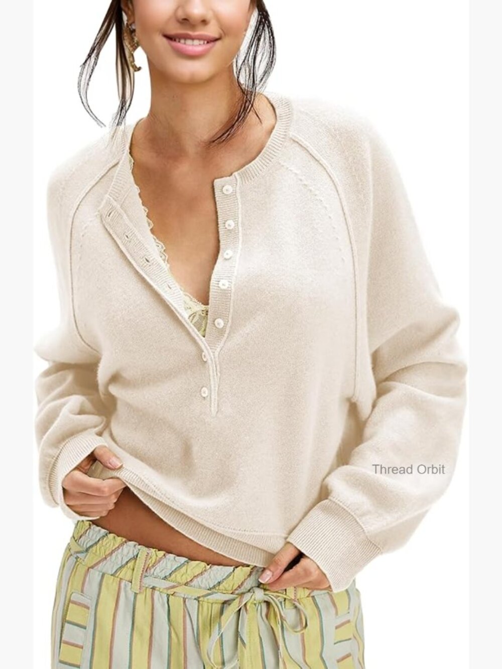 Half Button Henley Knit Sweater Loose Fit Long Sleeve Tunic Tops
